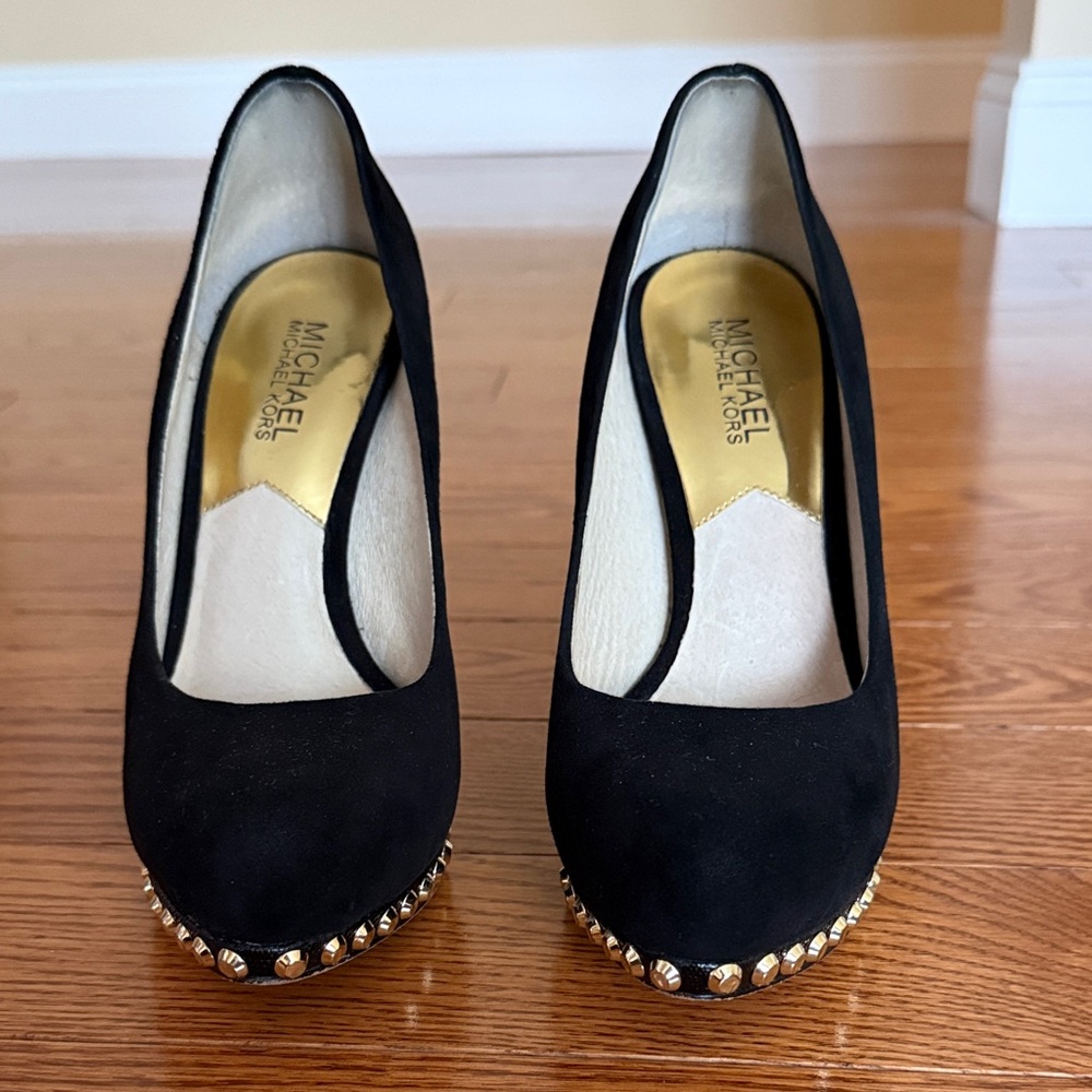 MICHAEL Michael Kors Black Suede Pumps with Gold Stud Accents